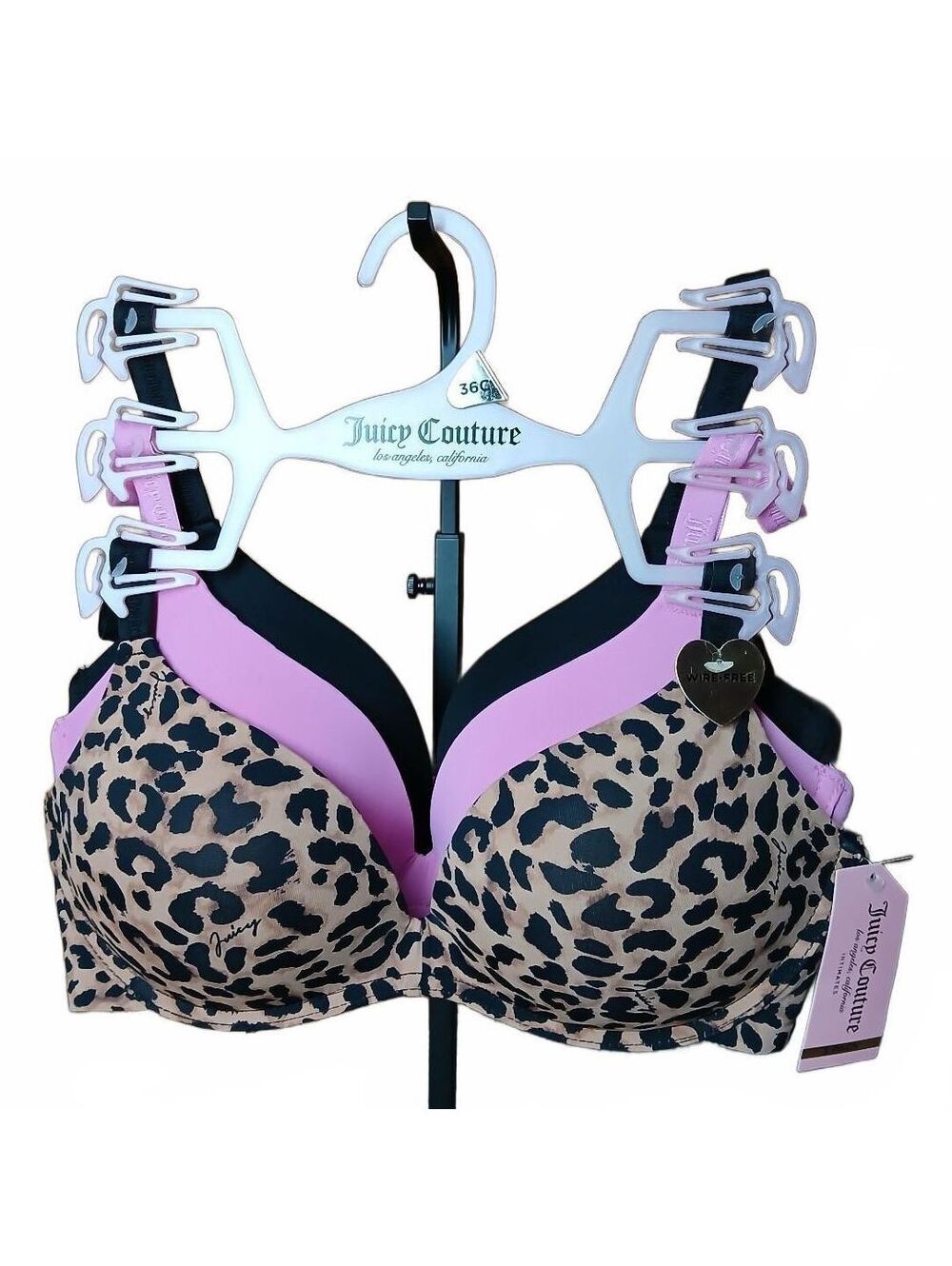Juicy Couture 3 Pack Wire-Free Push Up Bras 36C Leopard Pink Black JC2418 NWT